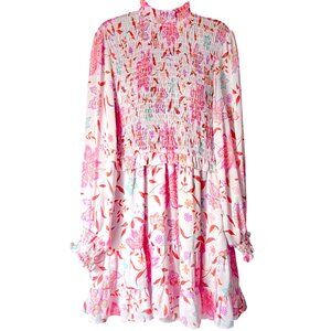 FATE The Label Pink Multi Floral Smocked Bodice Ruffle Tiered Dress Small